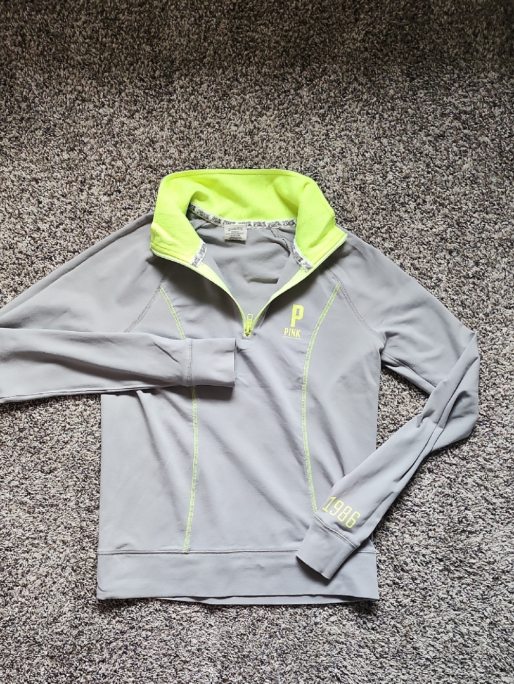 Victoria's Secret PINK Gray Pullover with Neon Yellow Lining